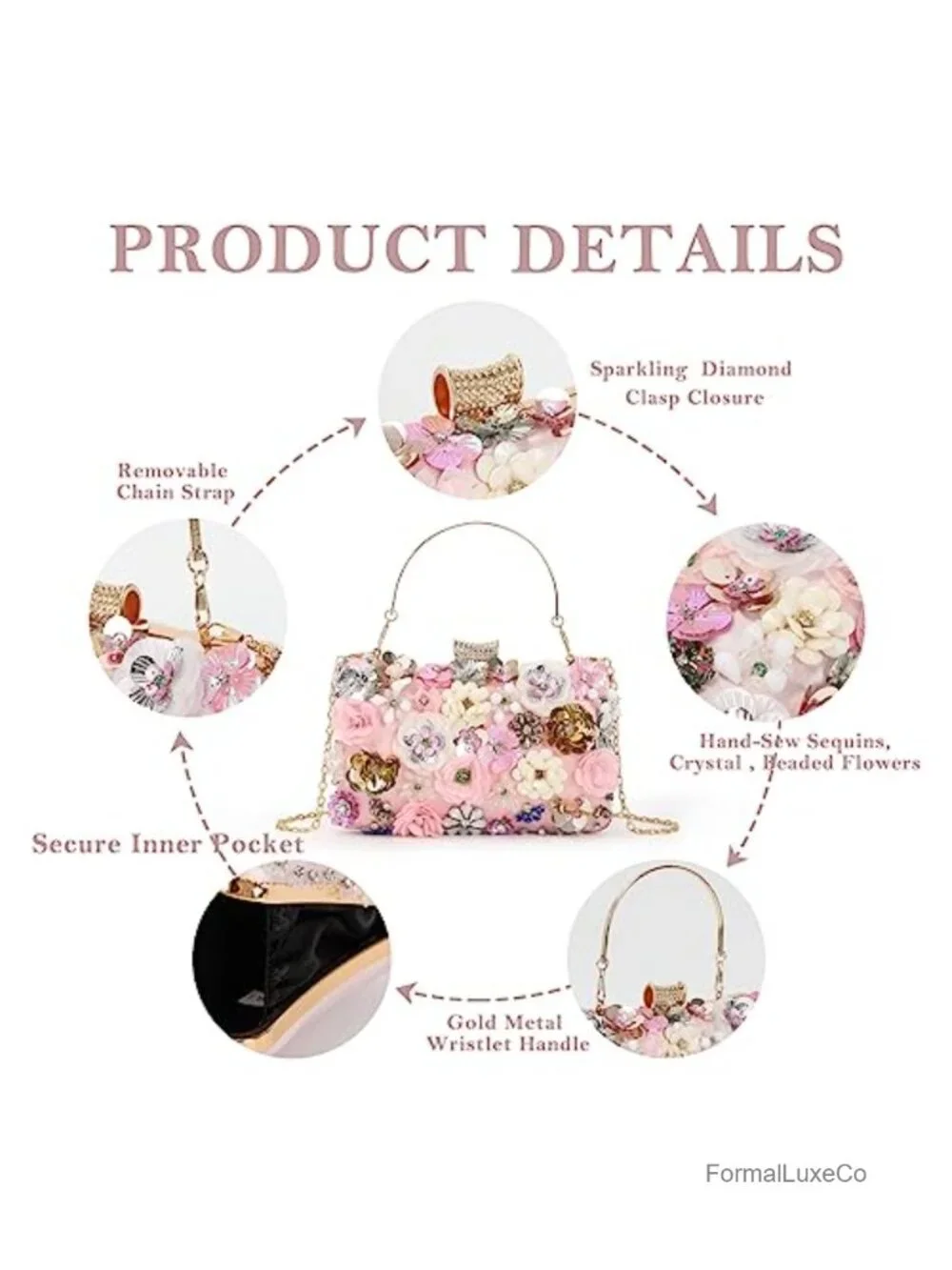 Evening Clutch Handbag with Multi-Colored 3D Flowers and Chain Strap